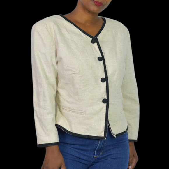 Vintage Althuser Linen Blend Blazer Jacket Beige Crop Tailored Shoulder Pads 10 - Picture 13 of 16